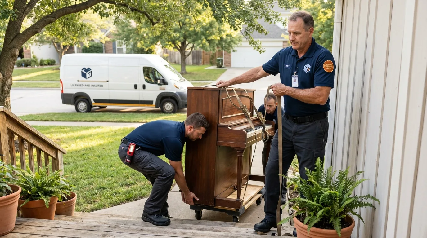 Licensed piano movers securing grand piano in Midway, UT
