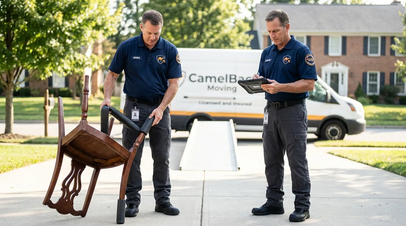 Movers inspecting furniture for damage prevention before loading in Midway, UT