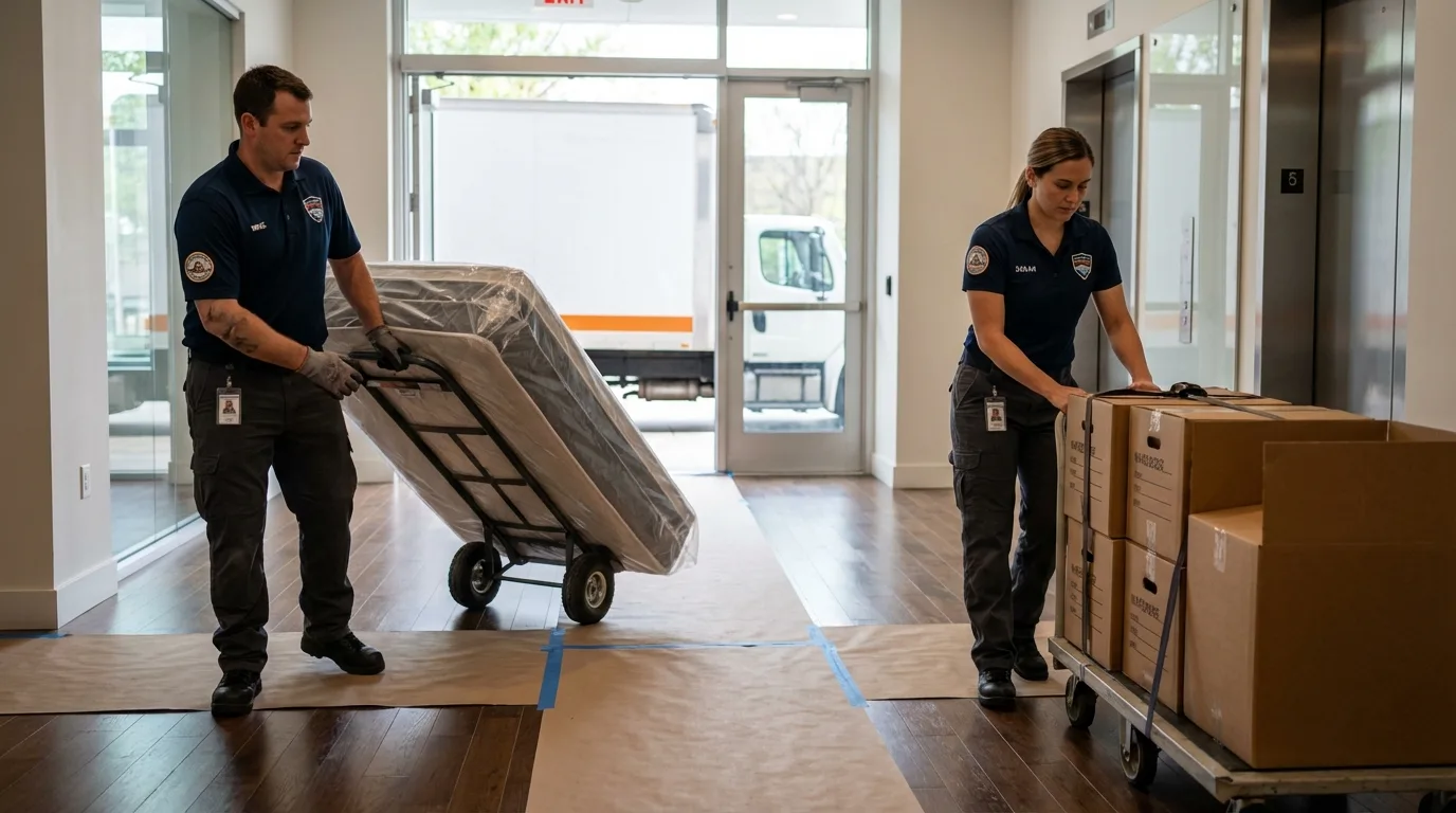 Professional apartment movers loading elevator in Midway, UT