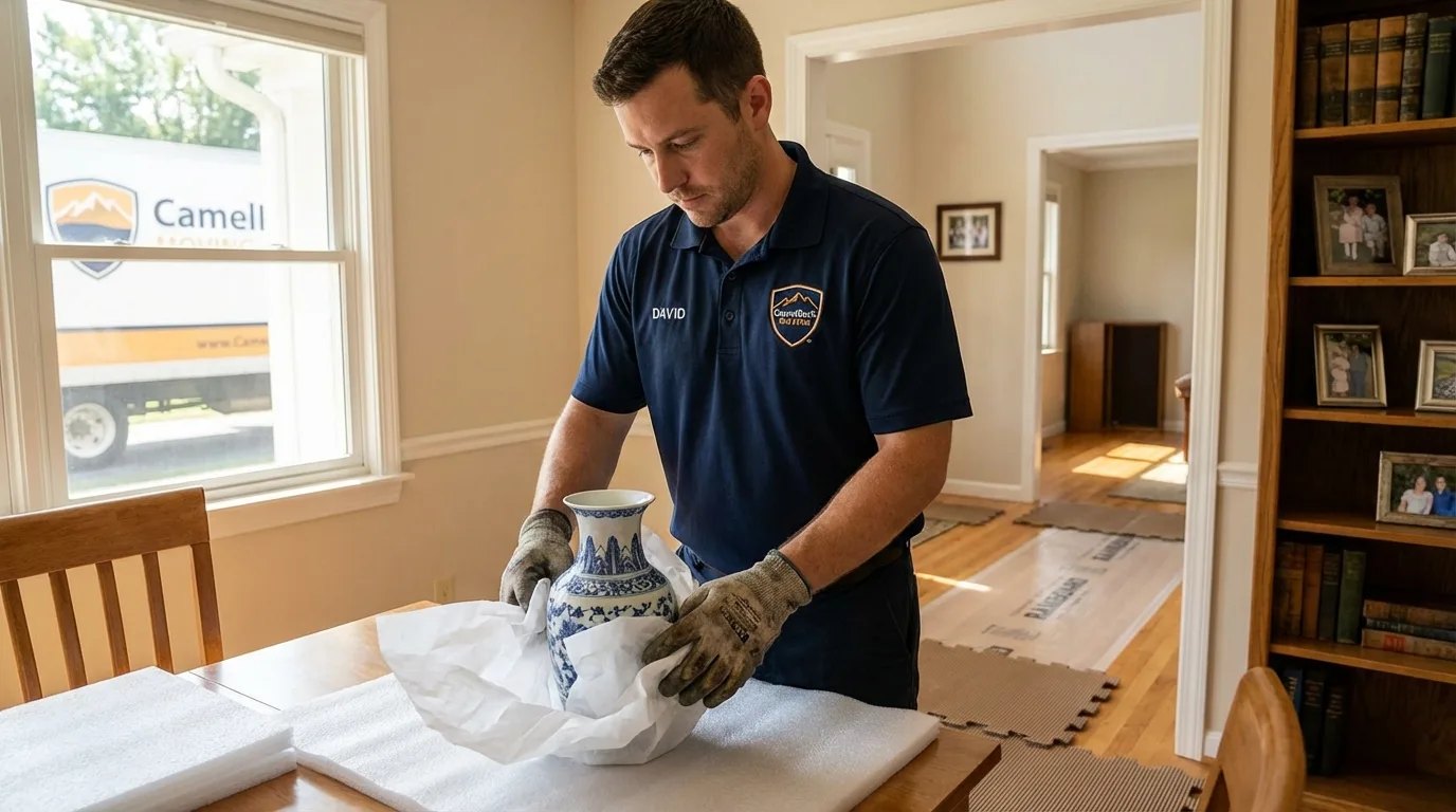 Professional crew carefully wrapping antique vase for senior downsizing move in Midway, UT